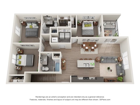 Floor plan for 3 beds, 2 baths, 1219 sqft